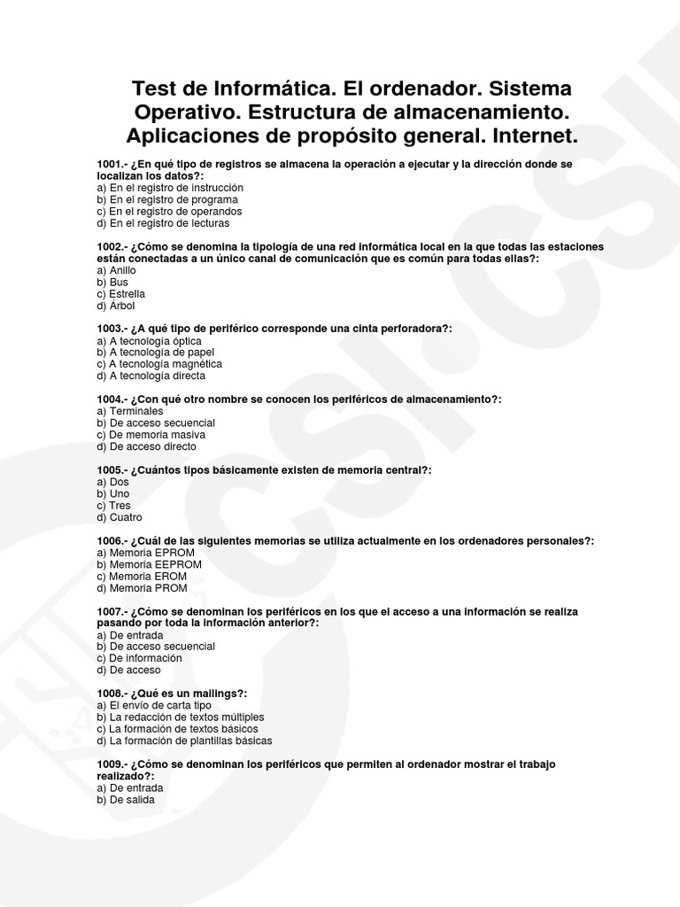 Test de Informática Básica | PDF | Almacenamiento de datos de la ...