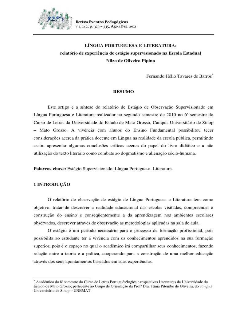 Relat rio De Experi ncia De Est gio Supervisionado Na Escola Estadual