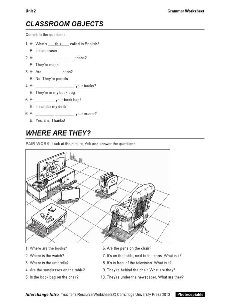 Classroom Objects: Unit 2 Grammar Worksheet | PDF