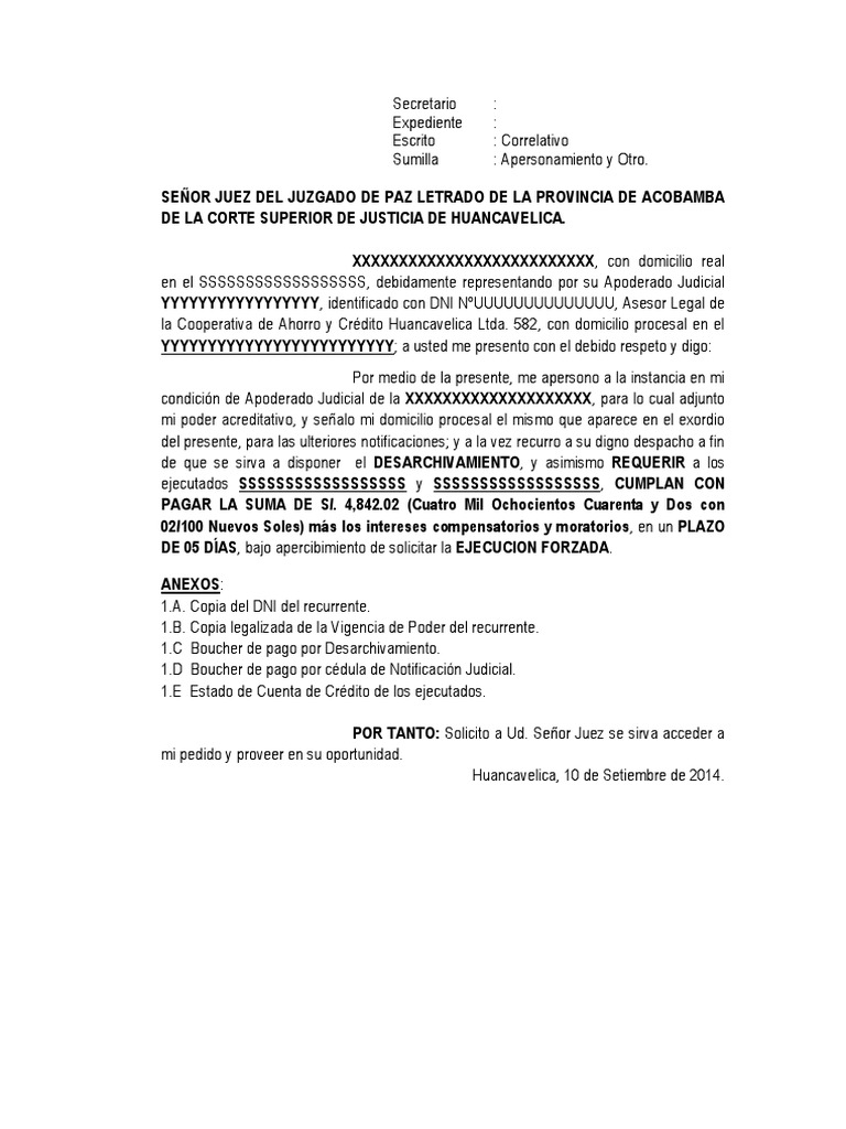 Escrito para Desarchivar Expediente Judicial y Requerir | PDF