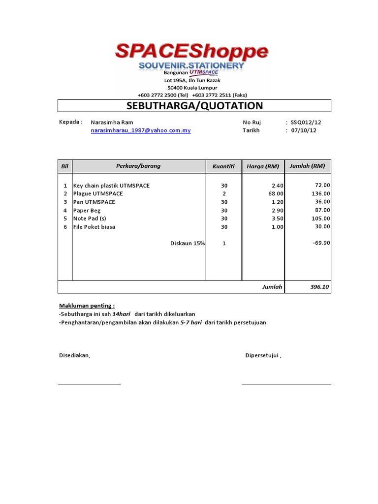 Contoh Quotation Sebut Harga - Madalynngwf