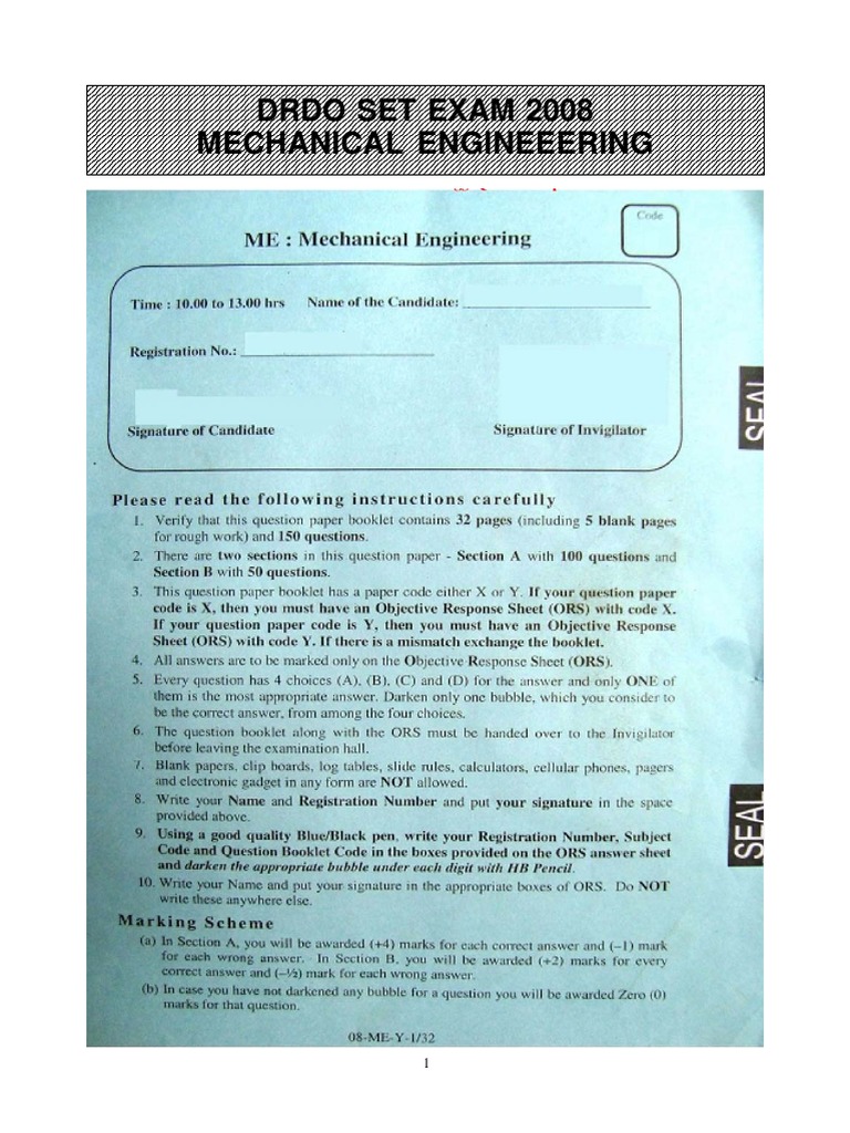 Drdo Entry Test 2008 Mechanical Engineering Previous Year Paper Pdf Pdf