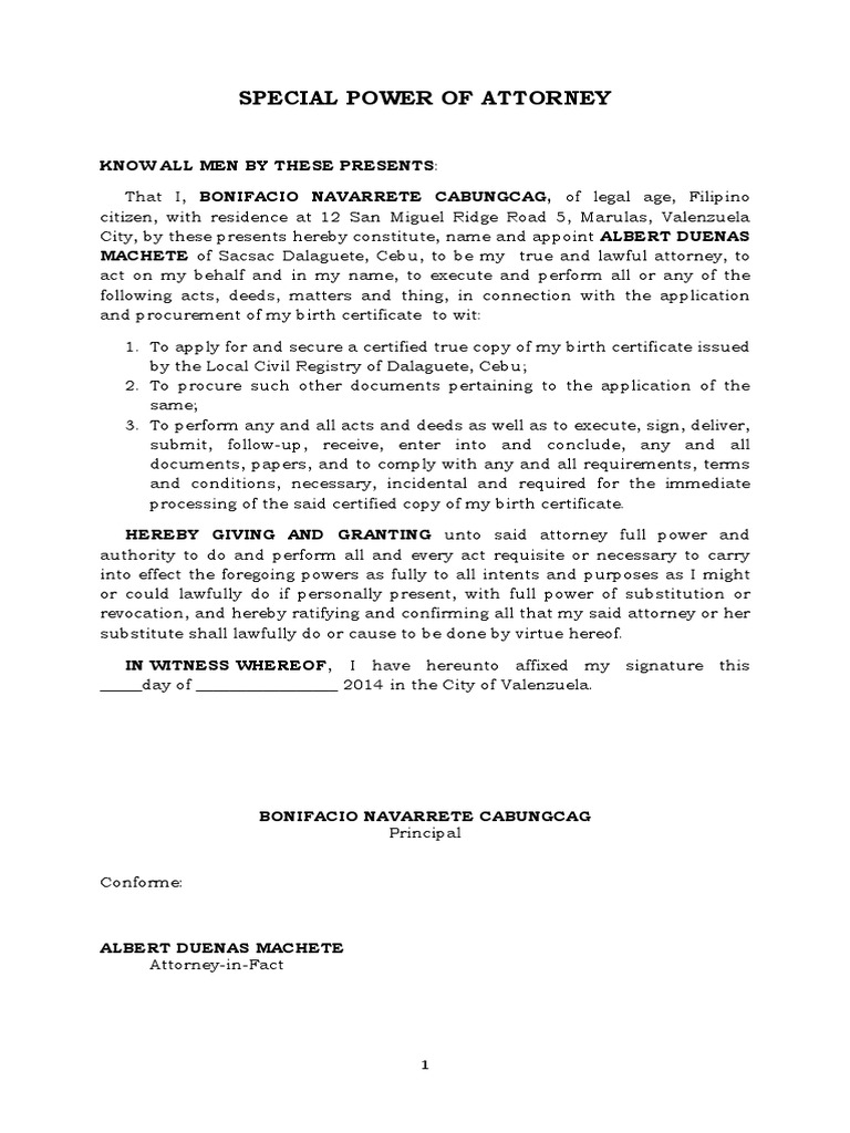 Special Power of Attorney - Birth Certificate1 | PDF | Power Of 