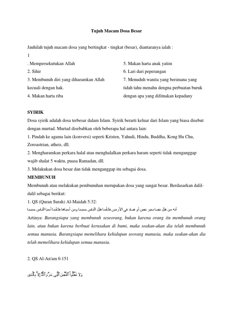 Tujuh Macam Dosa Besar Tujuh Macam Dosa Besar