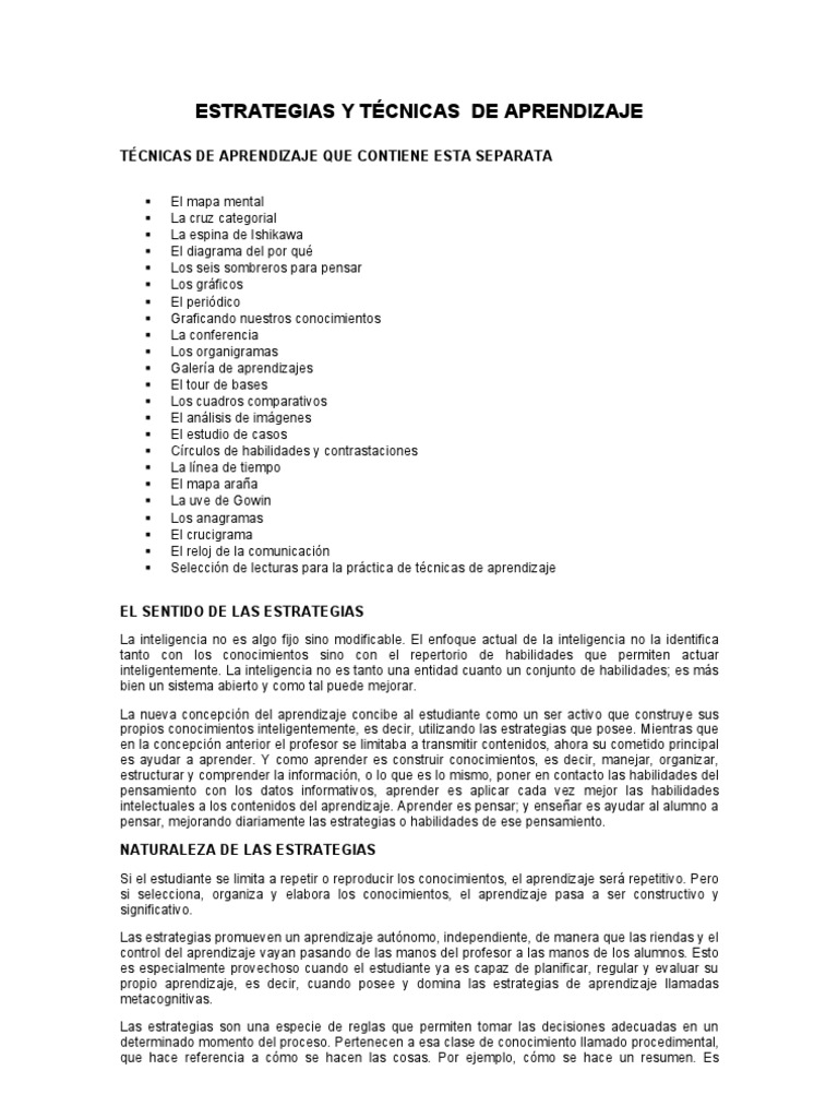 Estrategias y Técnicas de Aprendizaje | PDF | Aprendizaje | Maestros