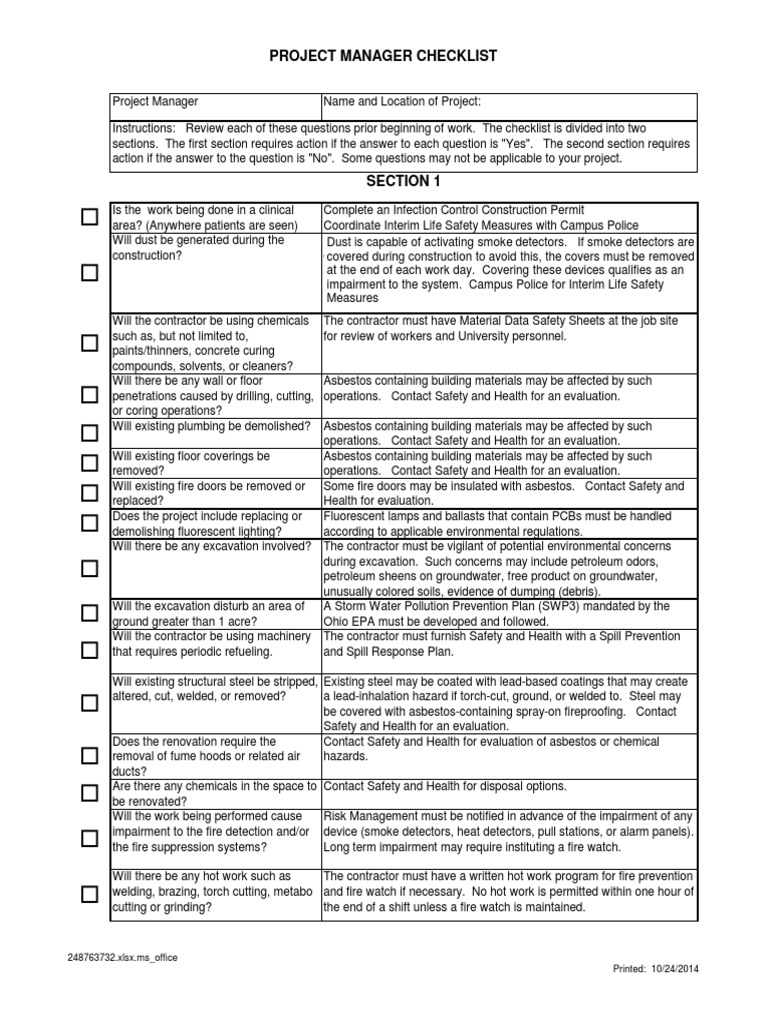 Project Manager Safety Checklist | PDF | Asbestos | Smoke