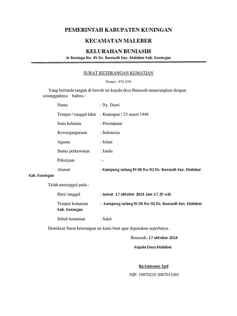 Contoh Surat Kematian Pdf