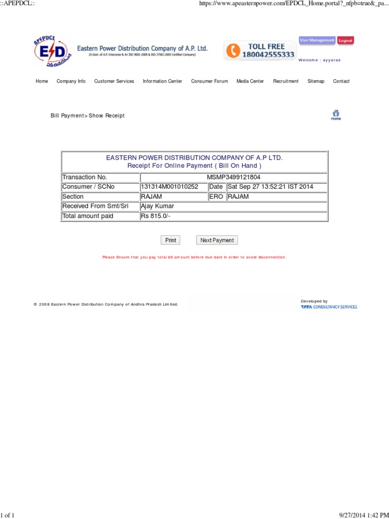 Eastern Power Distribution Company of A.P Ltd. Receipt For Online