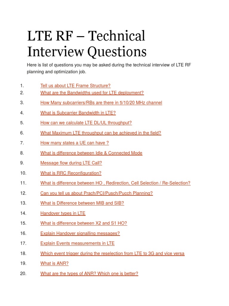 LTE RF Interview Questions Guide | PDF | Business | Computers