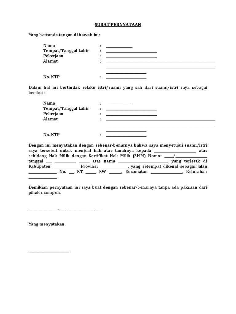 Surat Persetujuan Suami Istri Untuk Menjual Tanah Bangunan 