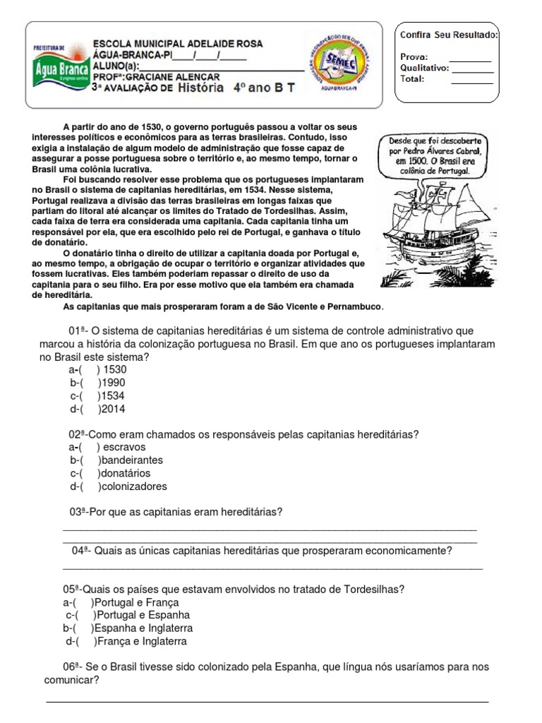 3 prova historia 4 ano.pdf | Brasil | Portugal