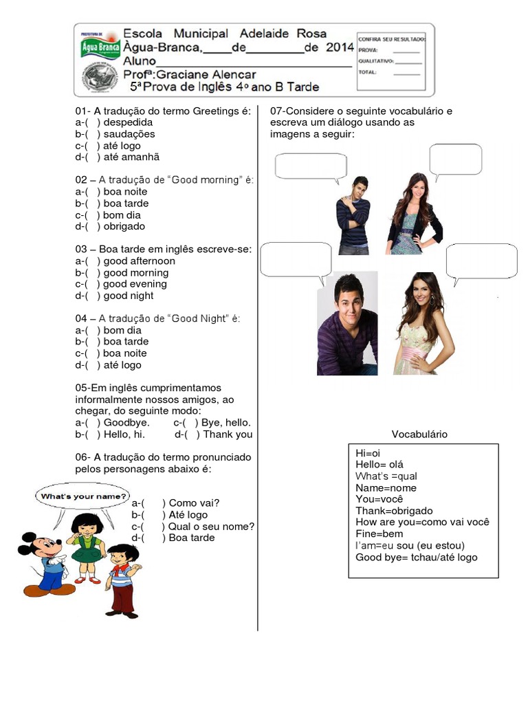 5 Prova de Ingles 4 Ano PDF | PDF