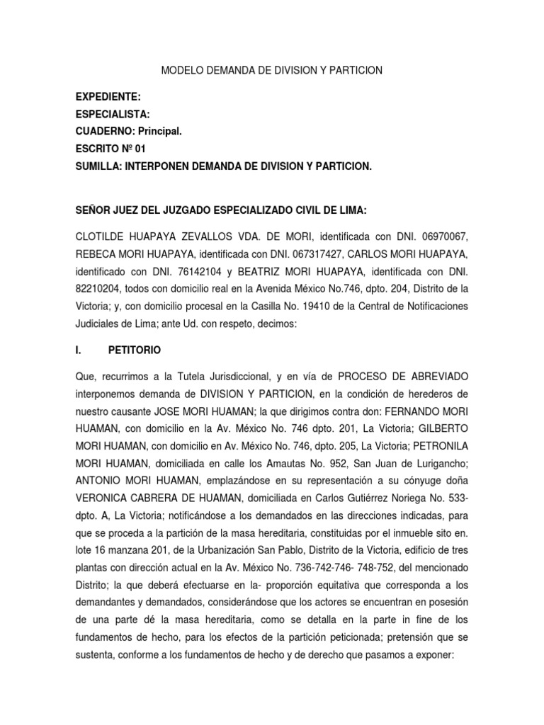 Modelo Demanda de Division y Particion | PDF | Herencia | Demanda judicial