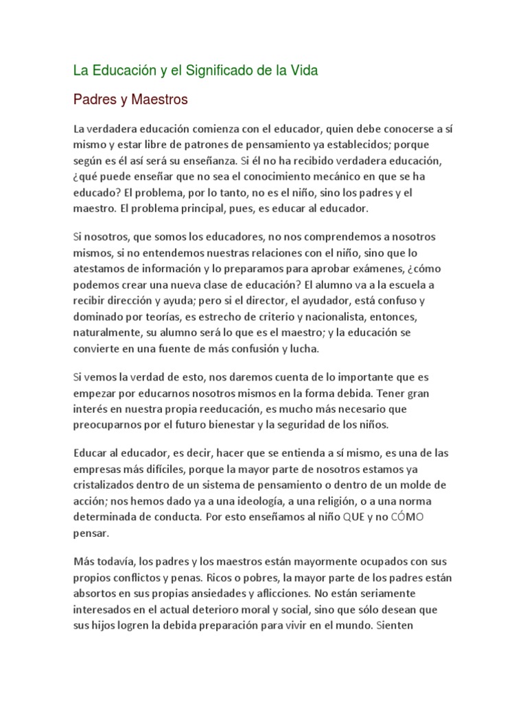La Educacion Y El Significado De La Vida Amor Libertad