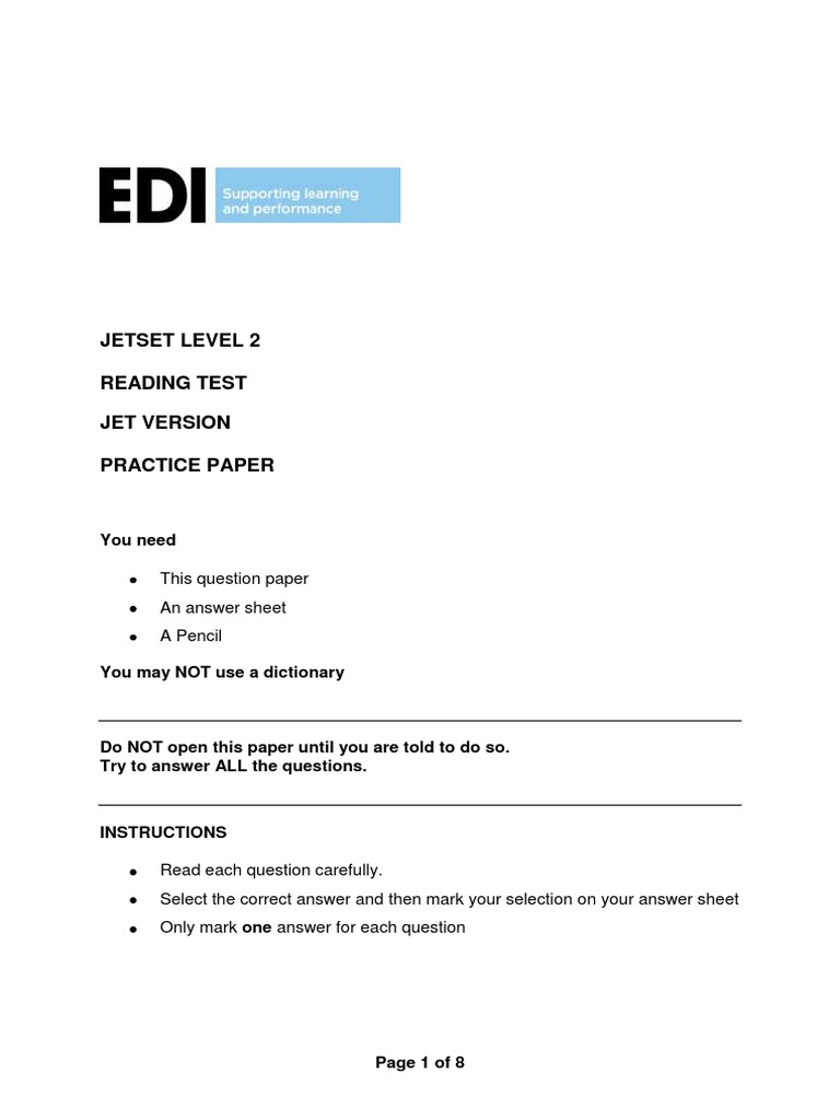Jetset Level 2 Reading Test Jet Version Practice Paper: You Need | PDF