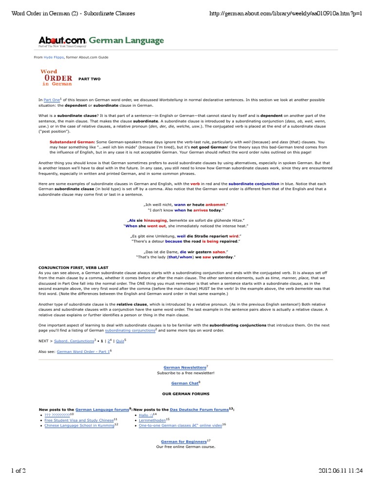 Word Order In German Subordinate Clauses Rules Semiotics