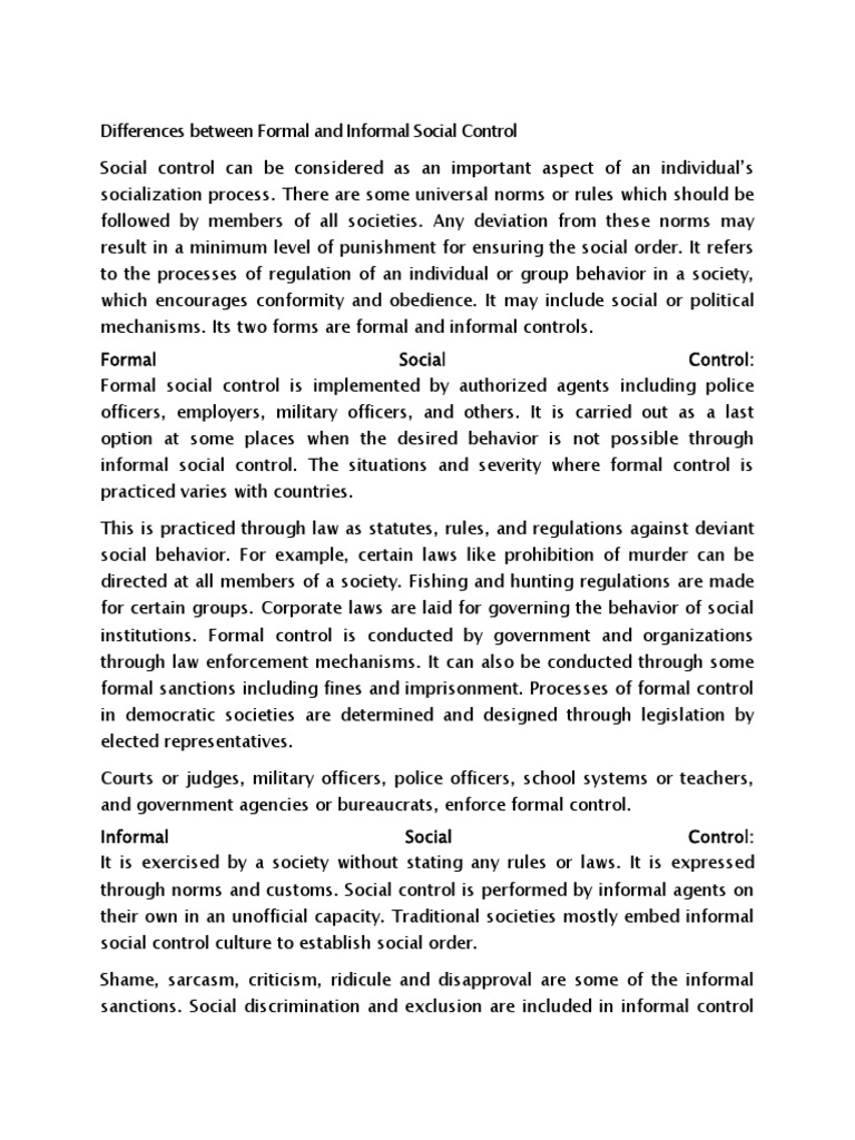 Formal vs Informal Social Control Explained | PDF | Norm (Social ...