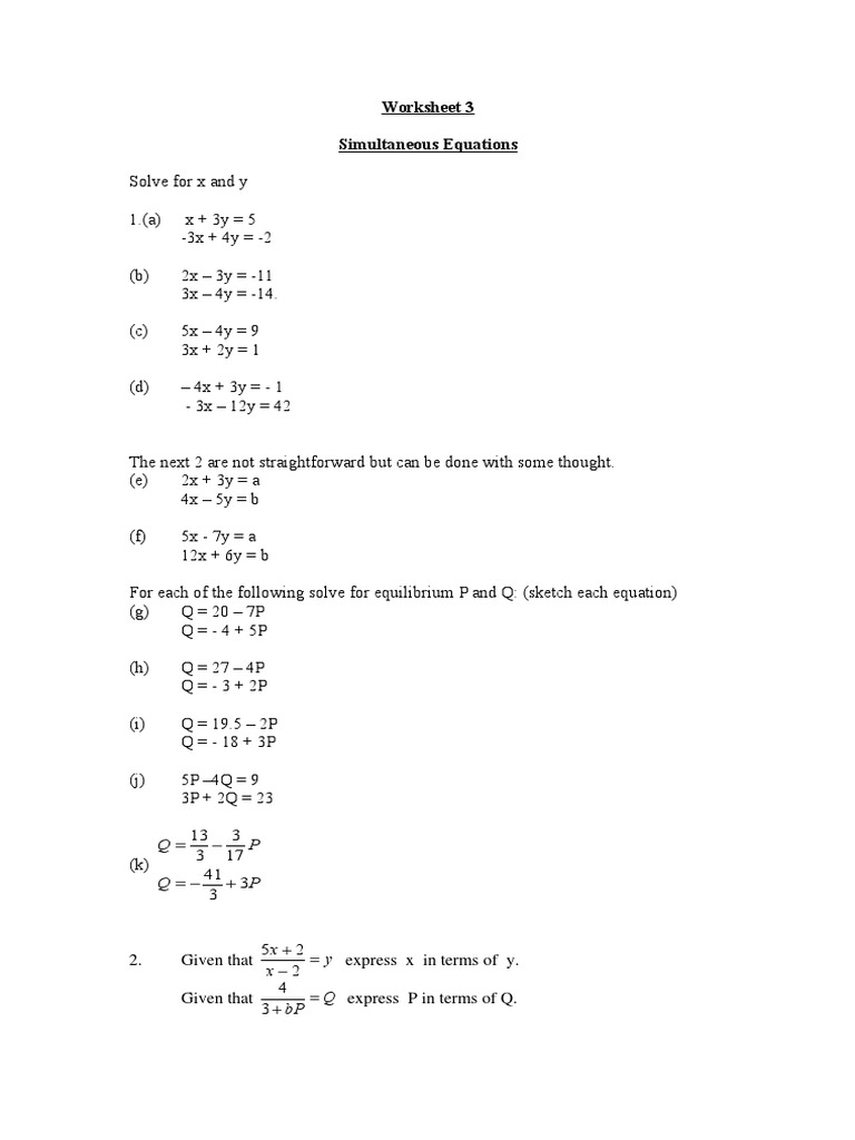 Solving Simultaneous Equations Worksheet | PDF