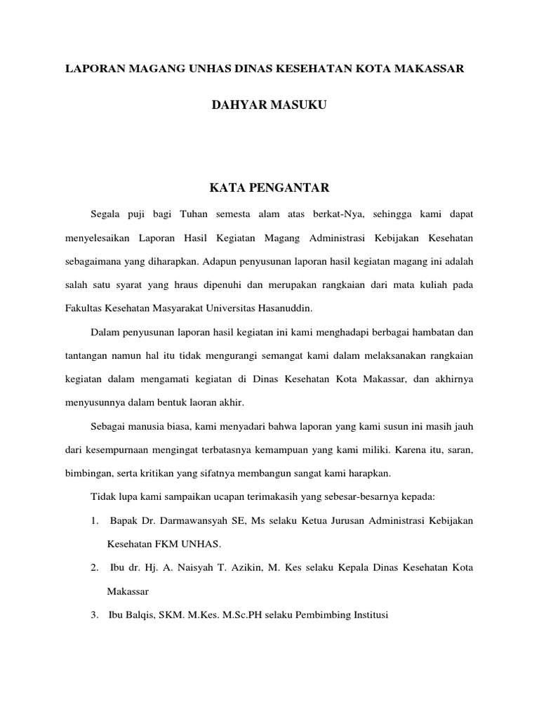 Contoh Laporan Magang Unhas Dinas Kesehatan Kota Makassar