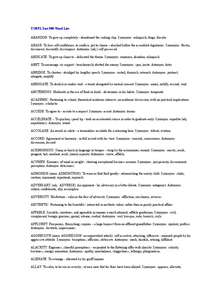 500 Word List Synonim Of Toefl