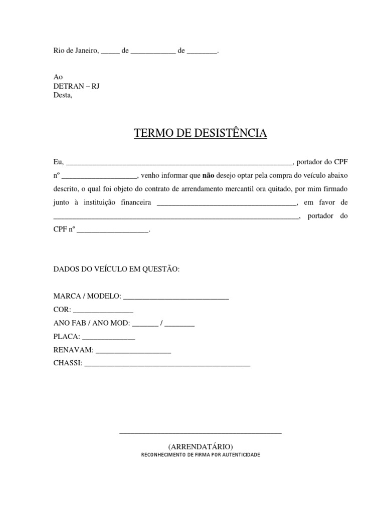 Termo de desistência de compra de veículo arrendado | PDF