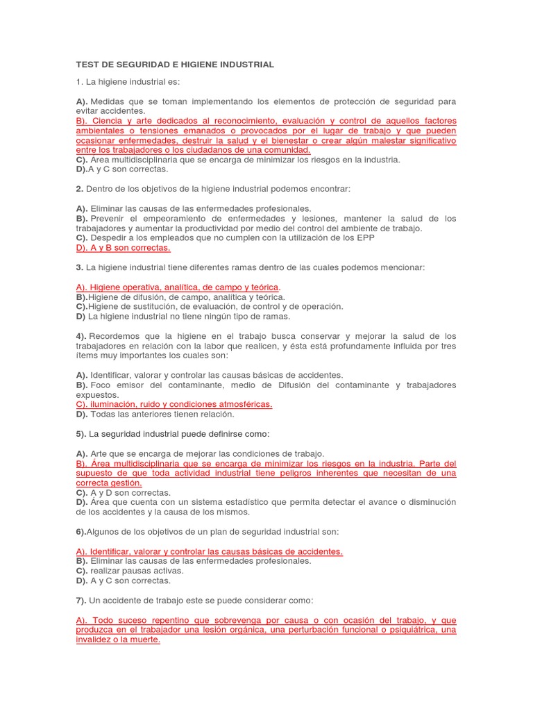 Test de Seguridad e Higiene Industrial | PDF | Seguridad y salud ...