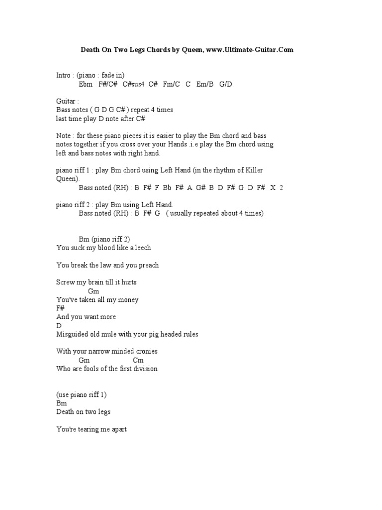 Death on Two Legs Chords by Queen Song Structure Musical Forms
