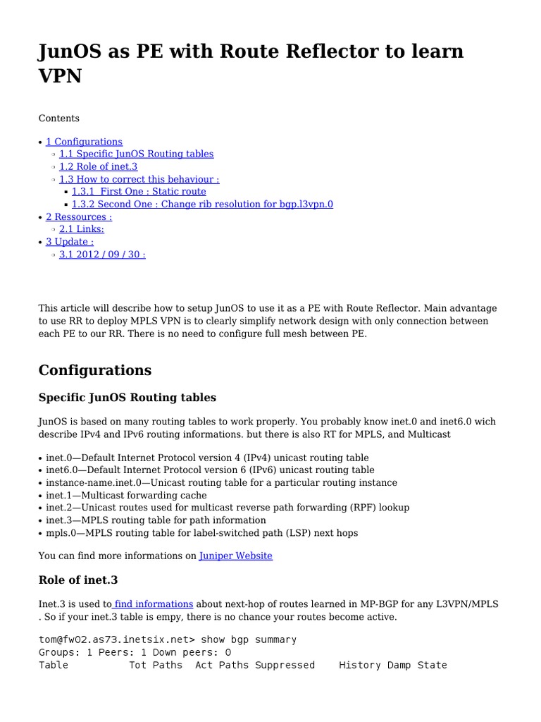Junos As Pe With Route Reflector To Learn VPN | PDF | Multiprotocol ...