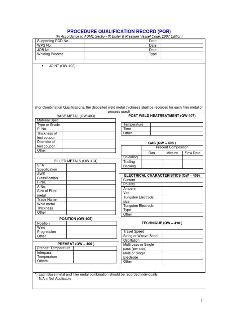 PQR Form (Welding)
