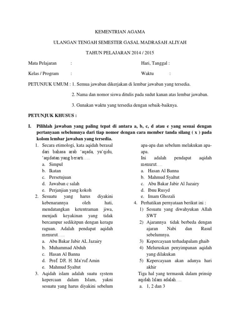soal aqidah akhlak
