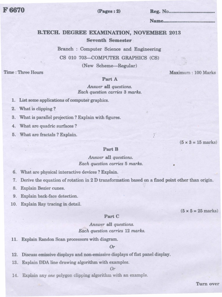 Computer Graphics Question Paper