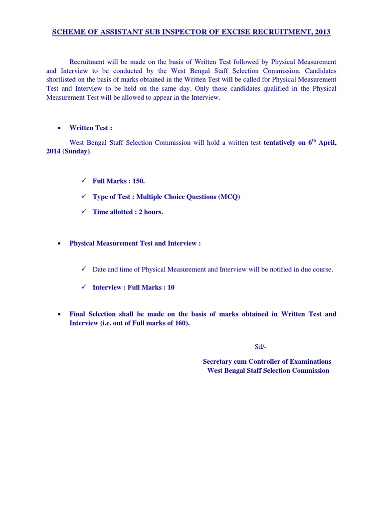 WBP Excise SI Recruitment Syllabus 2013 | PDF | Tests | Test (Assessment)
