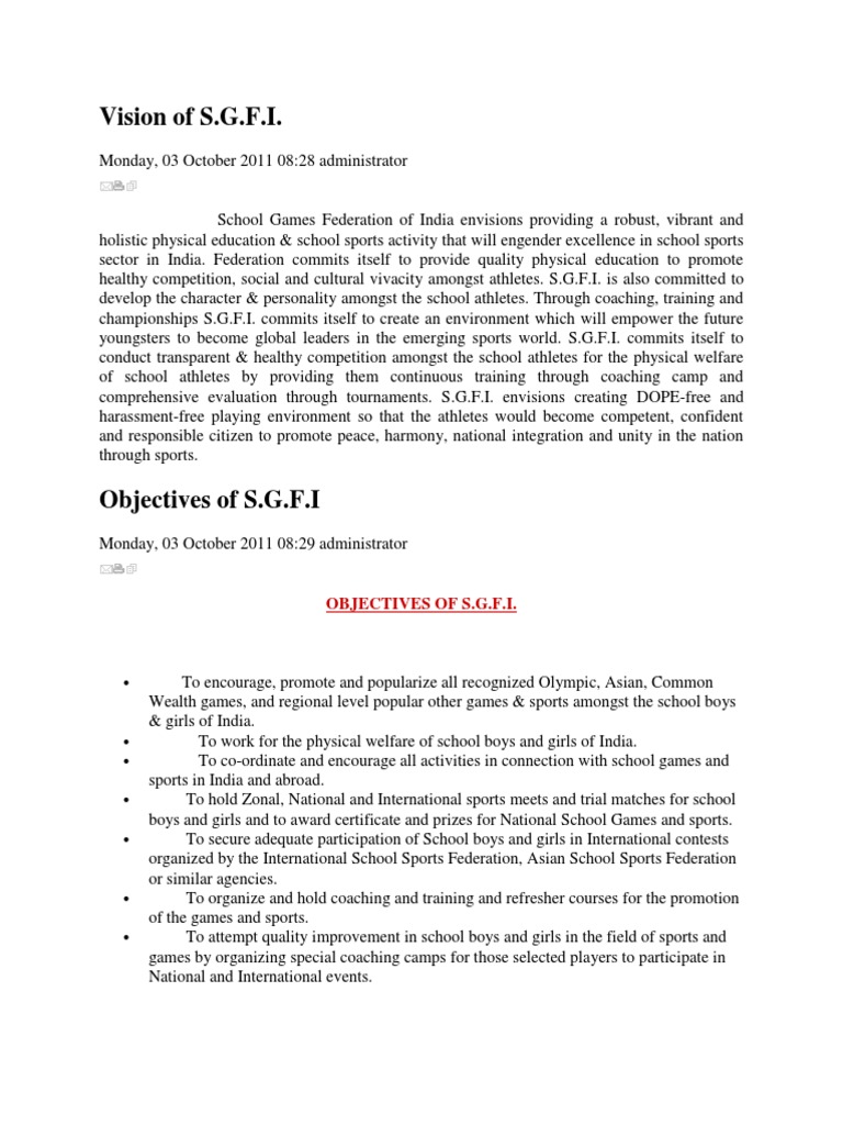 Vision and Objectives of the School Games Federation of India for