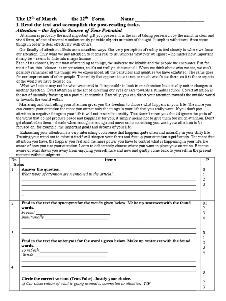 Test Paper 12th Form, Unit 4 | PDF | Attention | Mental Processes