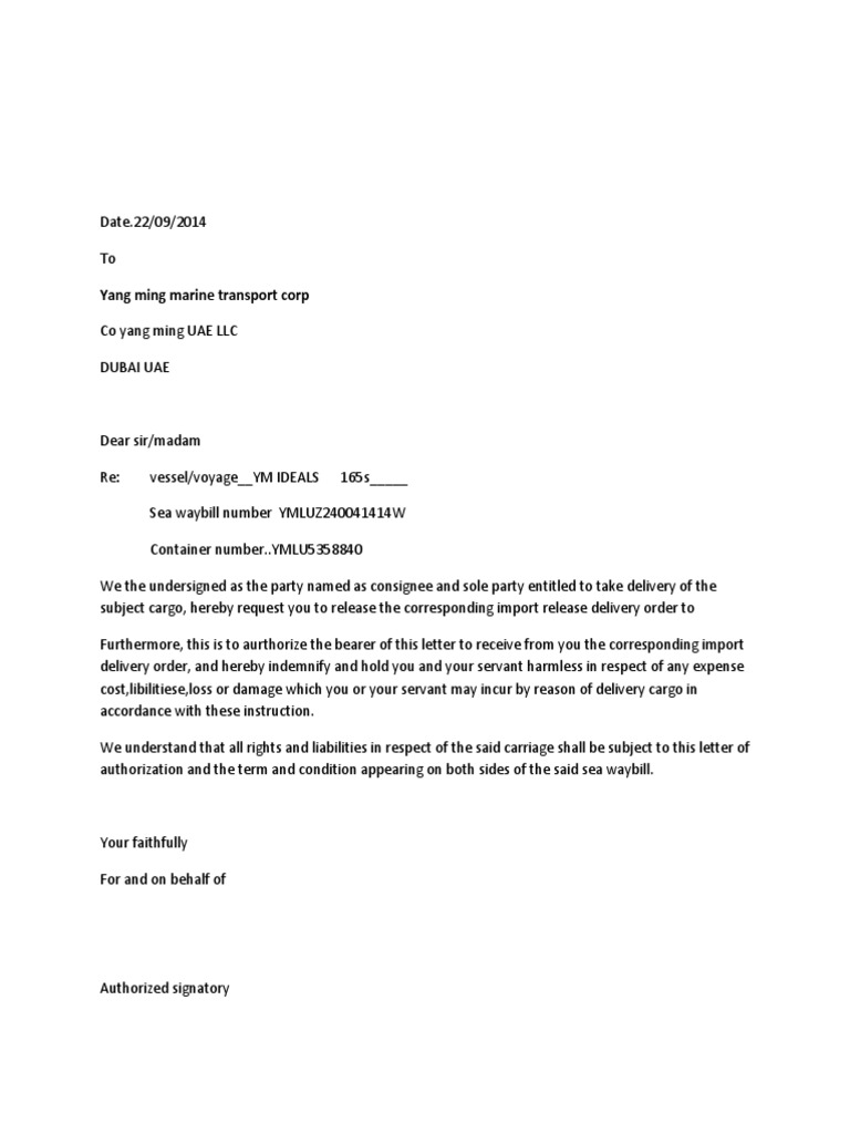 Yang Ming Telex Release Authorization | PDF