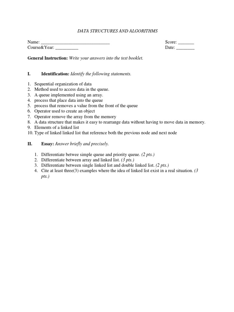 Data Structures Quiz for Students | PDF