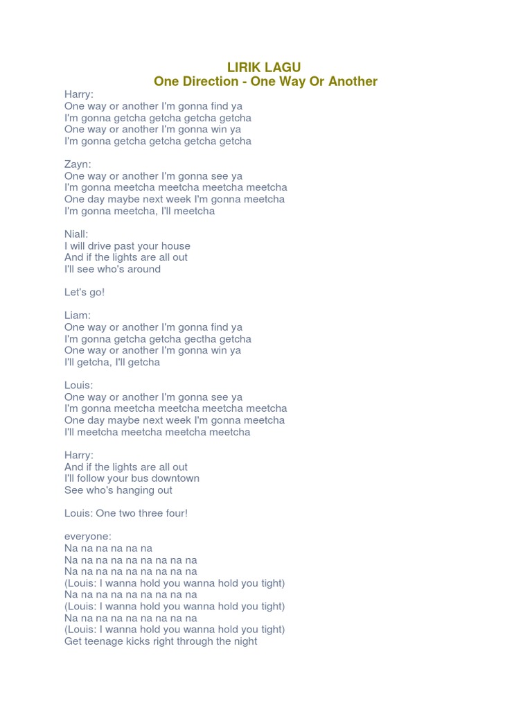 Lirik Lagu 1d One Way Or Another Song Structure Entertainment General