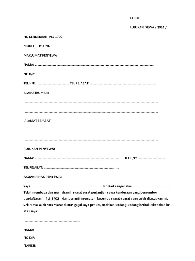 Surat Perjanjian Sewa Kenderaan  PDF