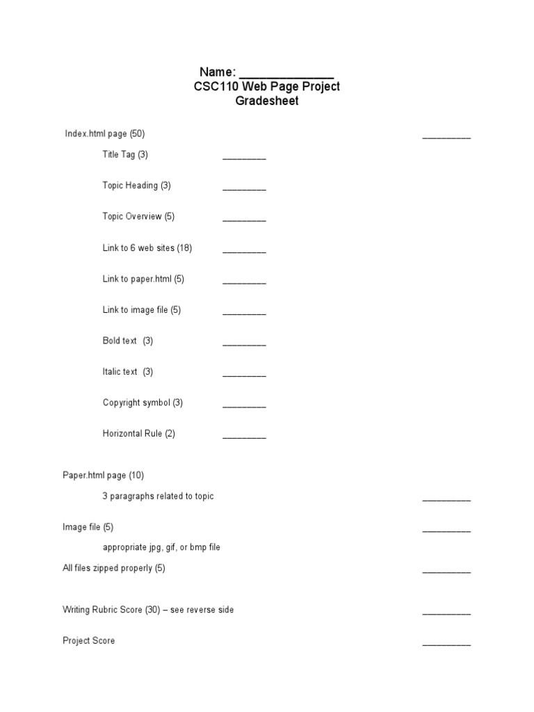 CSC110 Web Page Project Gradesheet | PDF