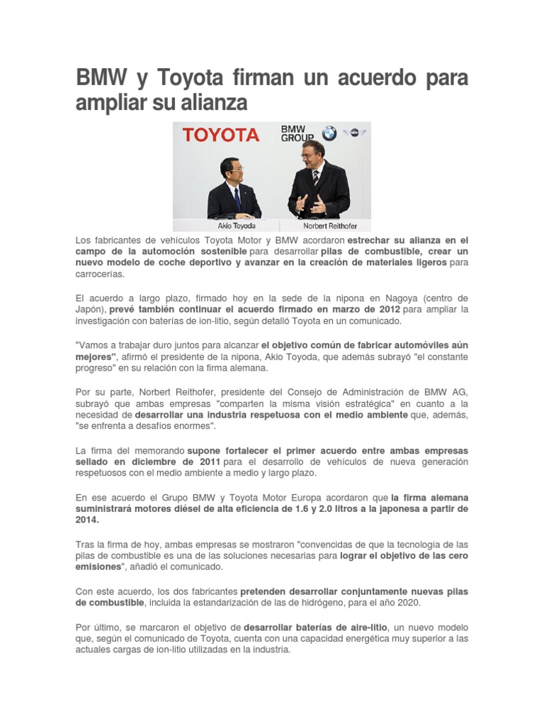 Alianza BMW y Toyota para coches sostenibles | PDF | Proyecto conjunto ...