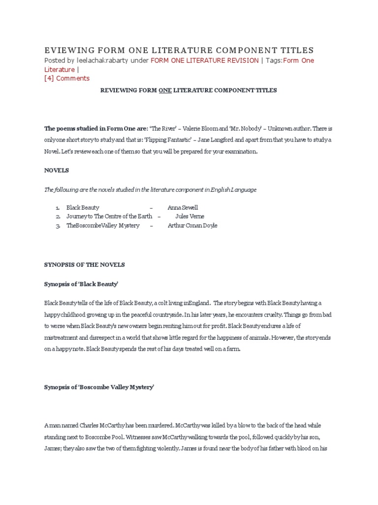 Form One Literature Component Review | PDF | Black Beauty | Dr. Watson