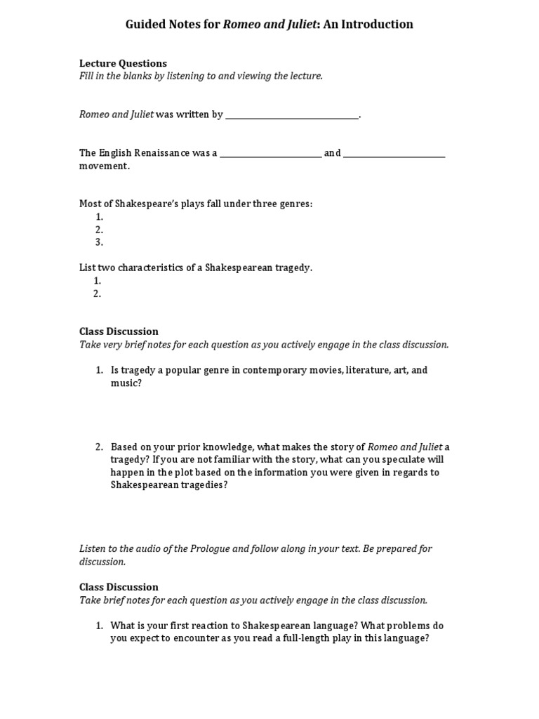 Guided Notes For Romeo and Juliet | PDF | Romeo And Juliet | Tragedy