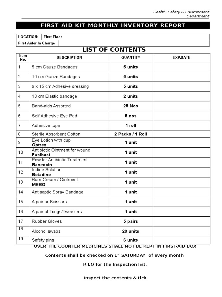 First Aid Kit Monthly Inventory Report | PDF