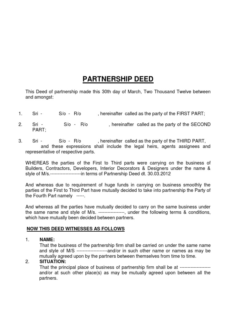Draft Deed of Partnership Partnership Arbitration