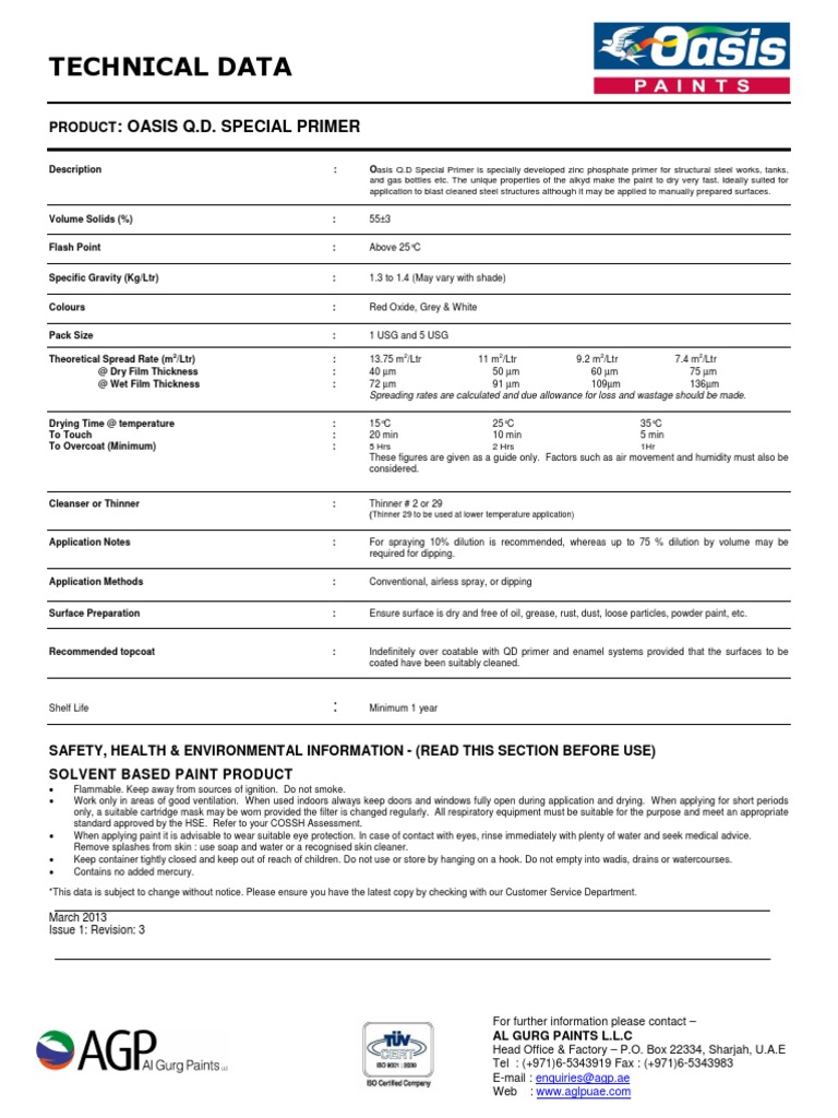 Technical Data Sheet for Oasis Q.D. Special Primer A Zinc Phosphate