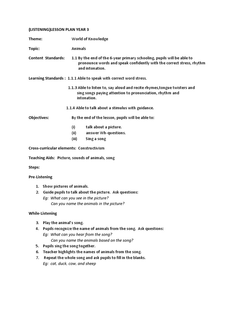 Year 3 Animals Listening Lesson Plan | PDF