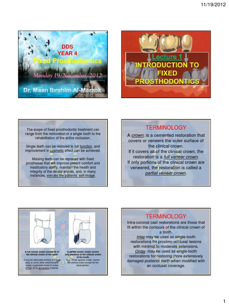 Introduction to Fixed Prosthodontics | PDF | Human Tooth | Dentistry ...