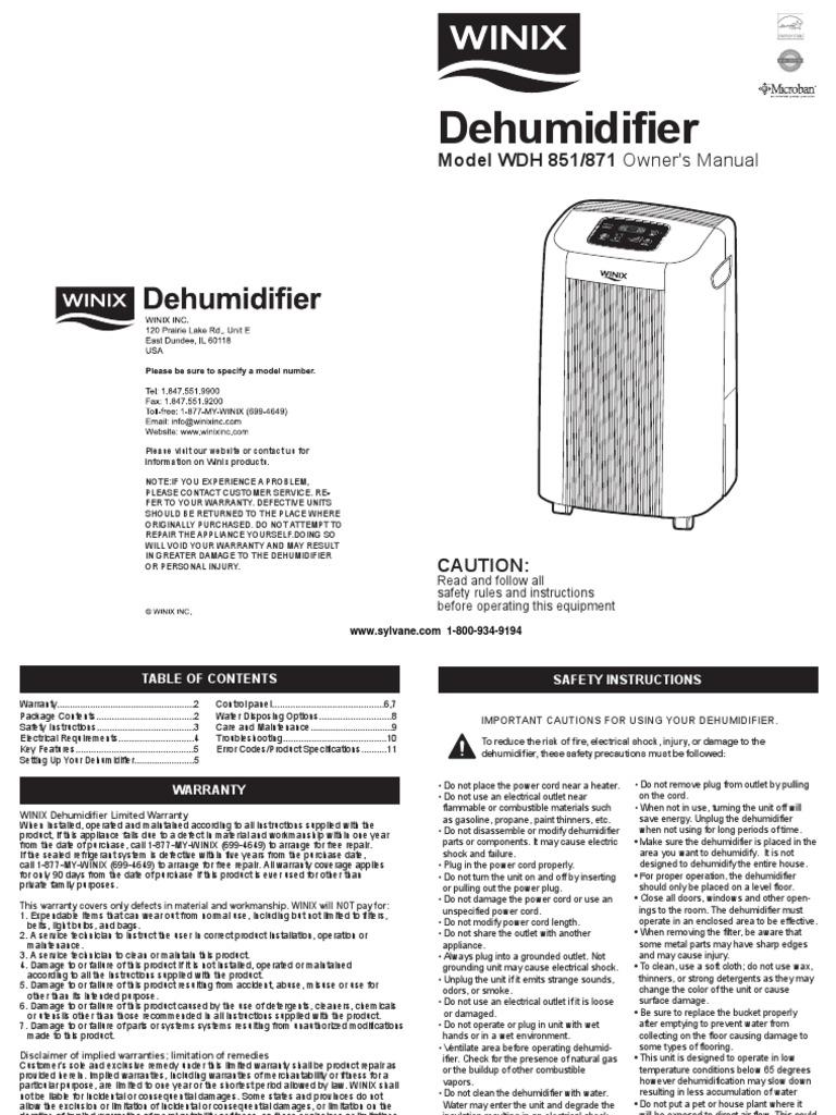 Winix Wdh851 Dehumidifier Owners Manual PDF Ac Power Plugs And