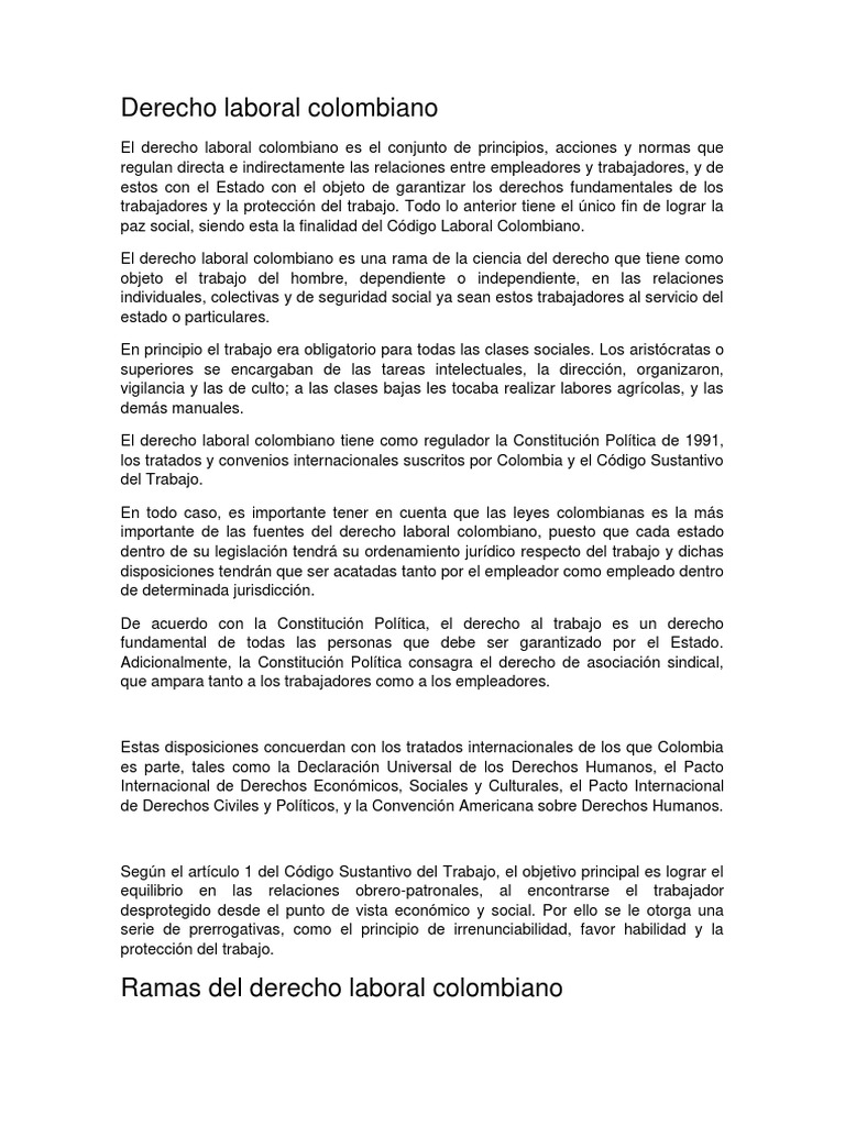 Análisis Completo Del Derecho Laboral Colombiano Principios Ramas