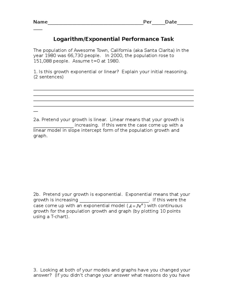 Performance Task For Logarithms On Population Growth | PDF | Teaching ...